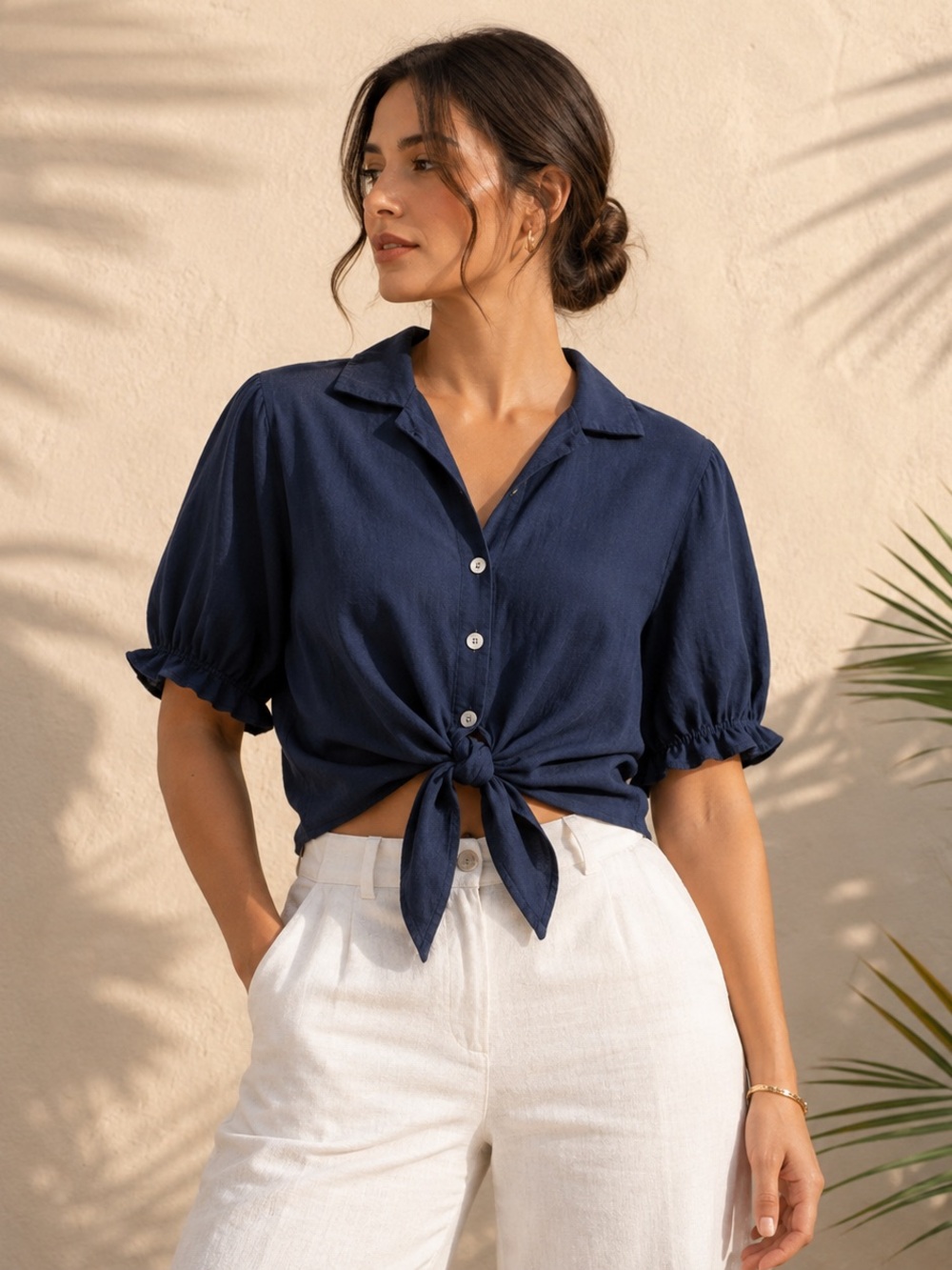 Navy Blue Linen Tie Front Crop Top Blouse Size XL